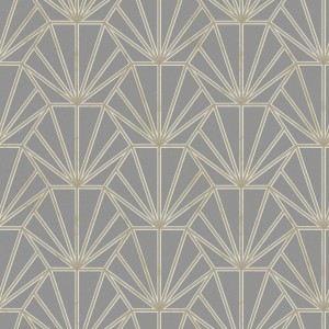 Grau-goldene Art Deco Tapete mit geometrischem Muster für Wohnzimmer und Schlafzimmer.