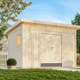 Palmako Gerätehaus Stig 8,2 m² aus unbehandeltem Holz im Garten.