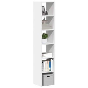 Weißes, hohes Bücherregal aus Holzwerkstoff mit 6 offenen Fächern. Stapelbares Wohnzimmerschrank-Design für Bücher & Deko.