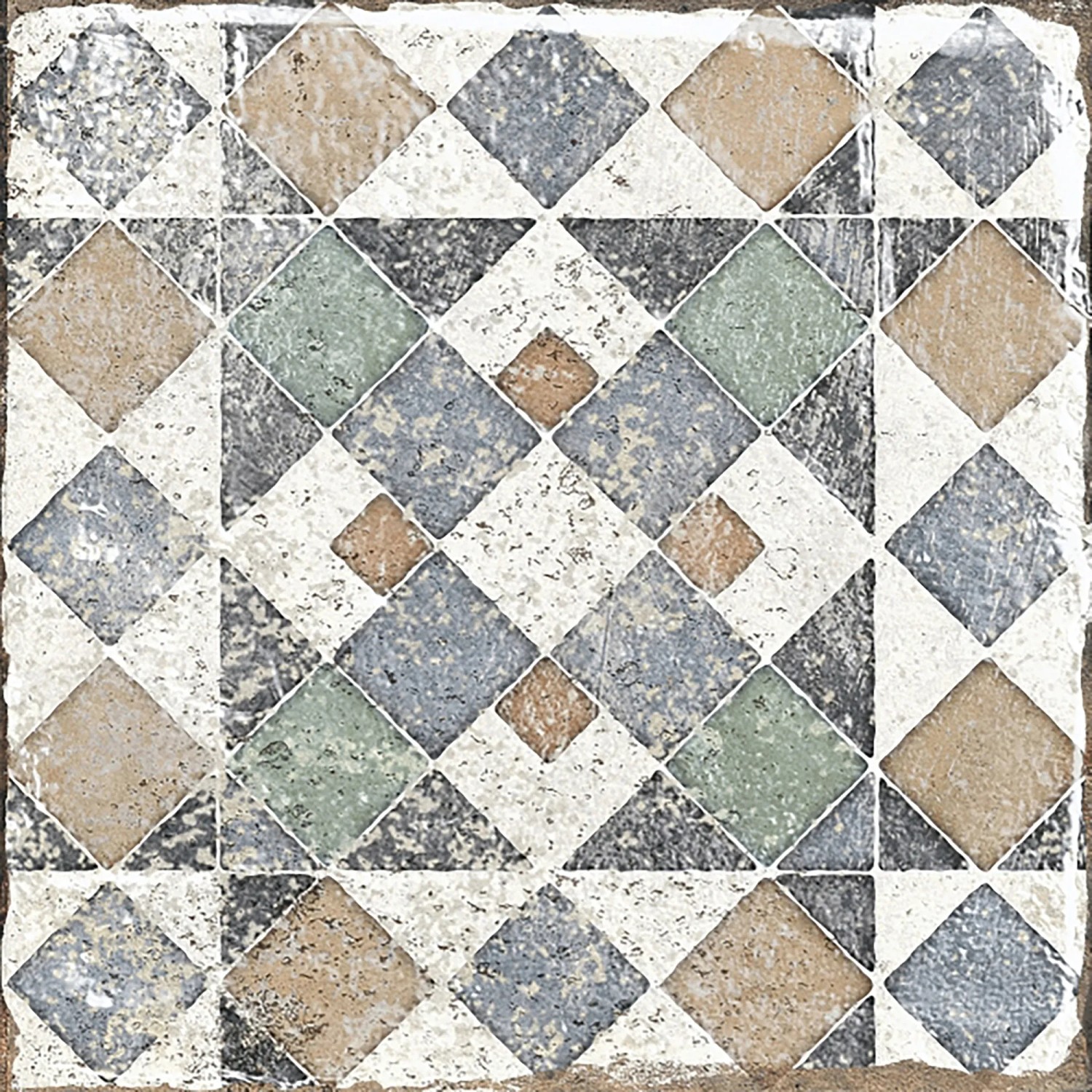 Quadratische, matte Bodenfliese aus Feinsteinzeug, 20x20 cm, mit geometrischem Muster in Beige, Grau, Grün und Blau.