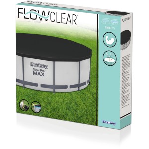 Verpackung der Bestway Pool Abdeckplane Standard Ø 366 cm, schwarz, für runde Pools.