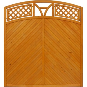 Sichtschutzzaun Toulon aus Pinie, 180x180 cm, mit dekorativem Gitter im oberen Bereich.