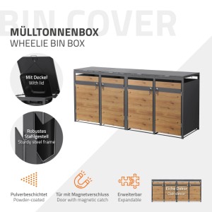 ML-Design Mülltonnenbox 4er, Anthrazit-Stahl mit Eichenoptik-Türen, abschließbar, modular erweiterbar.
