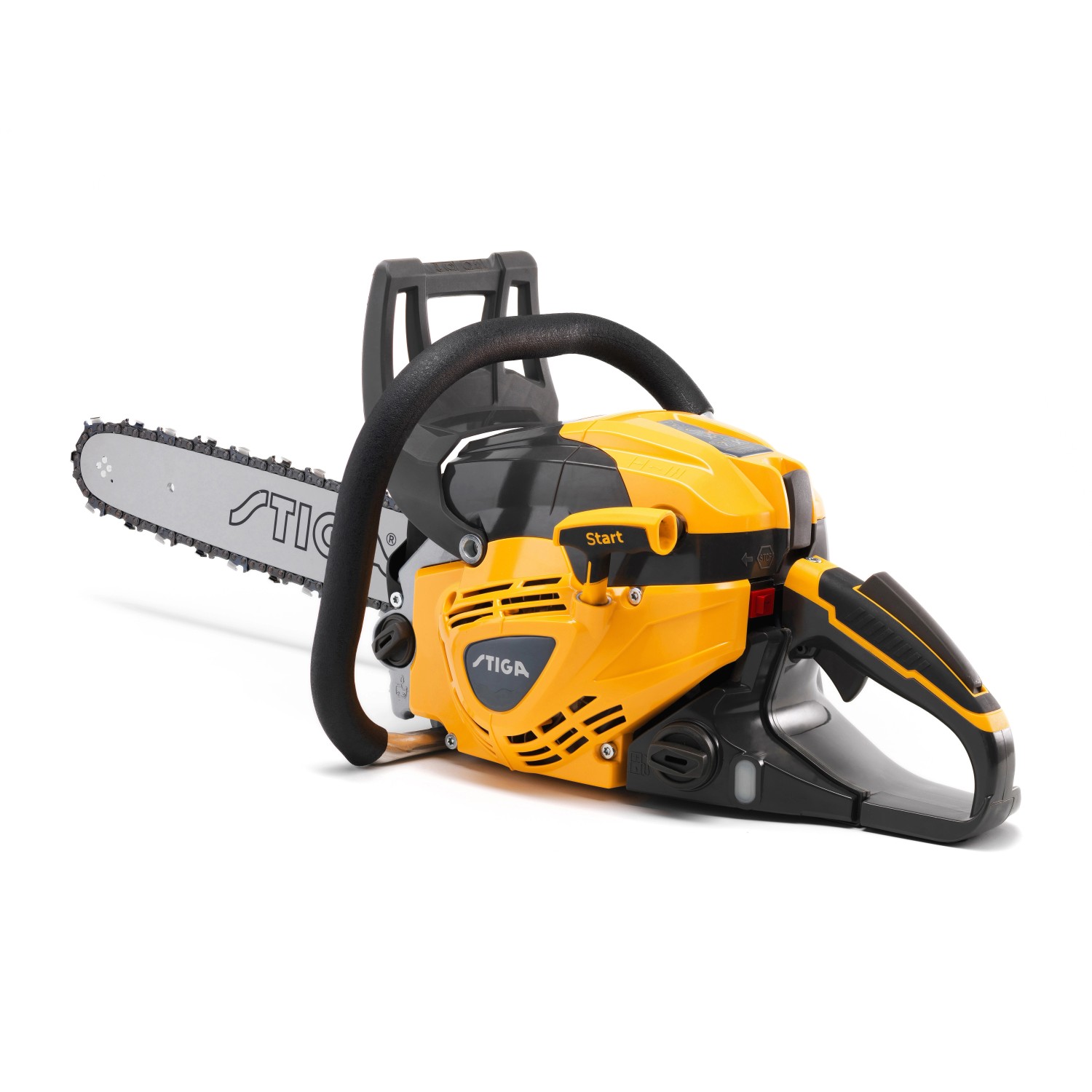Stiga Benzin-Kettensäge CS 750 in Gelb und Schwarz. Leistungsstarke Motorsäge für Gartenarbeiten.