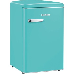 Türkisfarbener Severin Tischkühlschrank im Retro-Design mit Chromgriff.