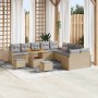 Beiges 13-teiliges vidaXL Garten-Sofa-Set aus Poly Rattan mit Tisch und Hockern.