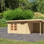 Unbehandeltes Karibu Holz-Gartenhaus Ängelholm mit Pultdach und Anbau im Garten.
