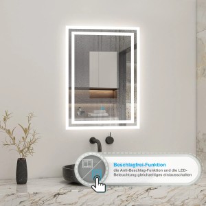 Rechteckiger Badspiegel mit LED-Beleuchtung, dimmbar und mit drei Lichtfarben.