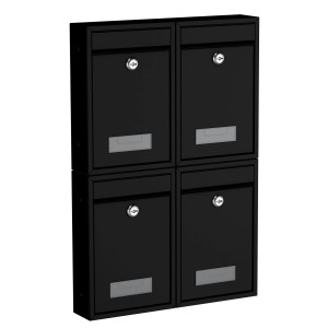 Basi Briefkasten Set, 4 mattschwarze Briefkästen für Mehrfamilienhäuser.