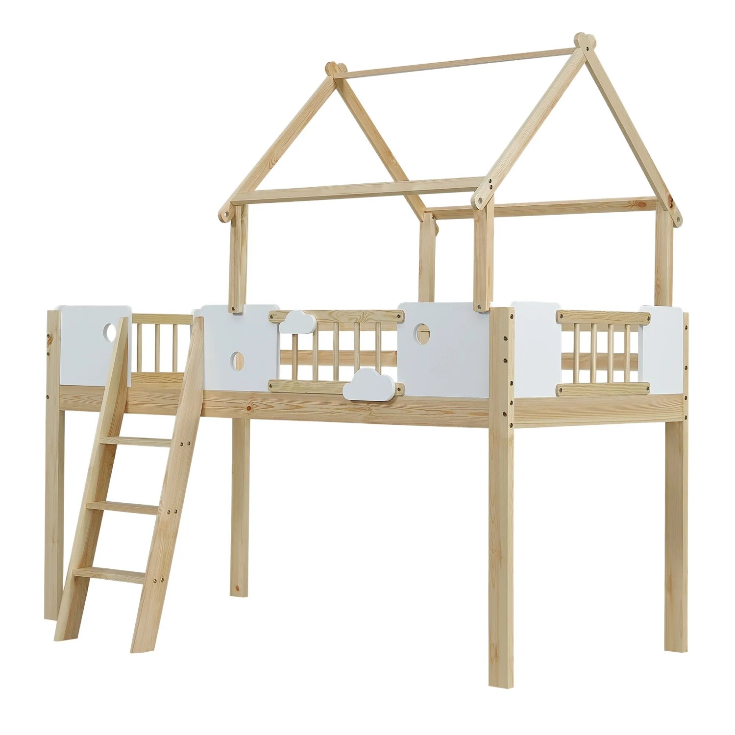 okwish Hochbett 90x200cm mit Dachdesign Fallschutz Kinderzimmer Weiß Natur ohne Matratze
