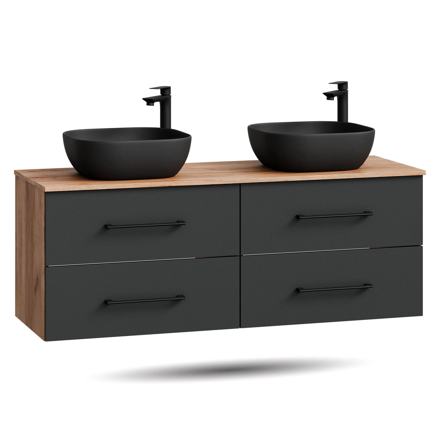 Planetmöbel LUX Doppelwaschtisch 140 cm mit 2 Aufsatzwaschbecken 42,5 cm Weiß Soft Close