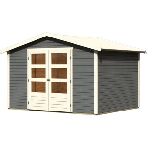 Karibu Holz-Gartenhaus Aesch mit Satteldach, lackiert in Terragrau und Weiß.