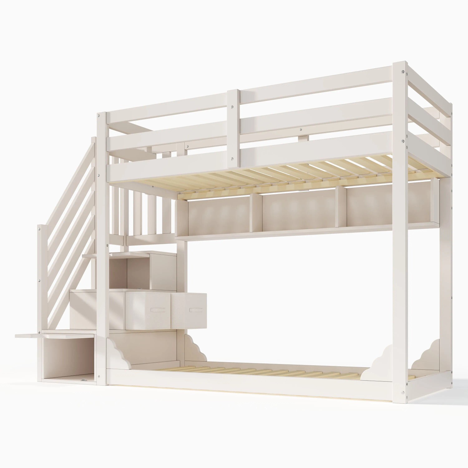 okwish Etagenbett 90x200cm mit Treppenschrank und Ablagefächern Weiß ohne Matratze