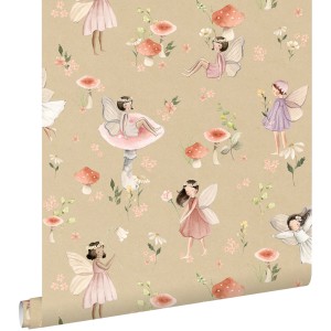 ESTAhome Vliestapete: Elfen, Pilze & Blumen in Rosa, Grün auf beigem Grund. Ideal für Kinderzimmer.