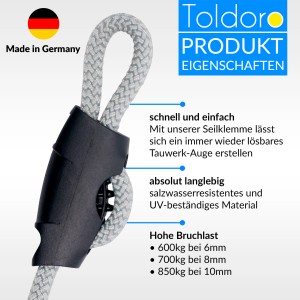 Toldoro Seilklemme 8mm, 4er Set zur Seilbefestigung ohne Knoten für Sonnensegel und Segelboote.