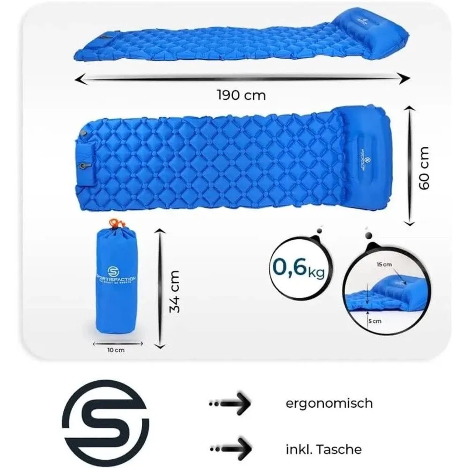 Blaue Sportisfaction Isomatte, 190x60x5cm, 0,6kg, Wabenstruktur, integriertes Kissen. Ultraleichte Campingmatte mit Tasche.