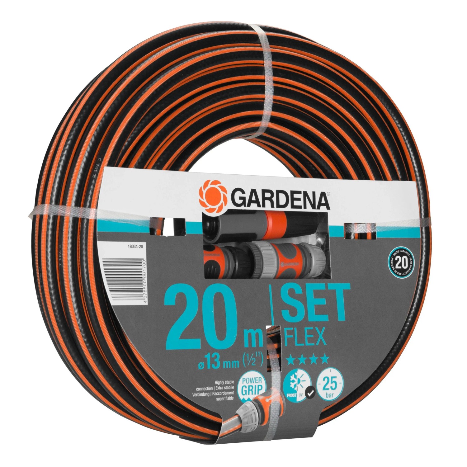 Gardena Comfort Flex Gartenschlauch 20m mit Systemteilen und Spritze, aufgerollt.