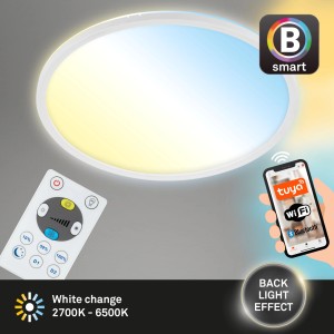 Smarte Brilo WiFi LED Deckenleuchte mit App-Steuerung, Fernbedienung und einstellbarer Farbtemperatur.