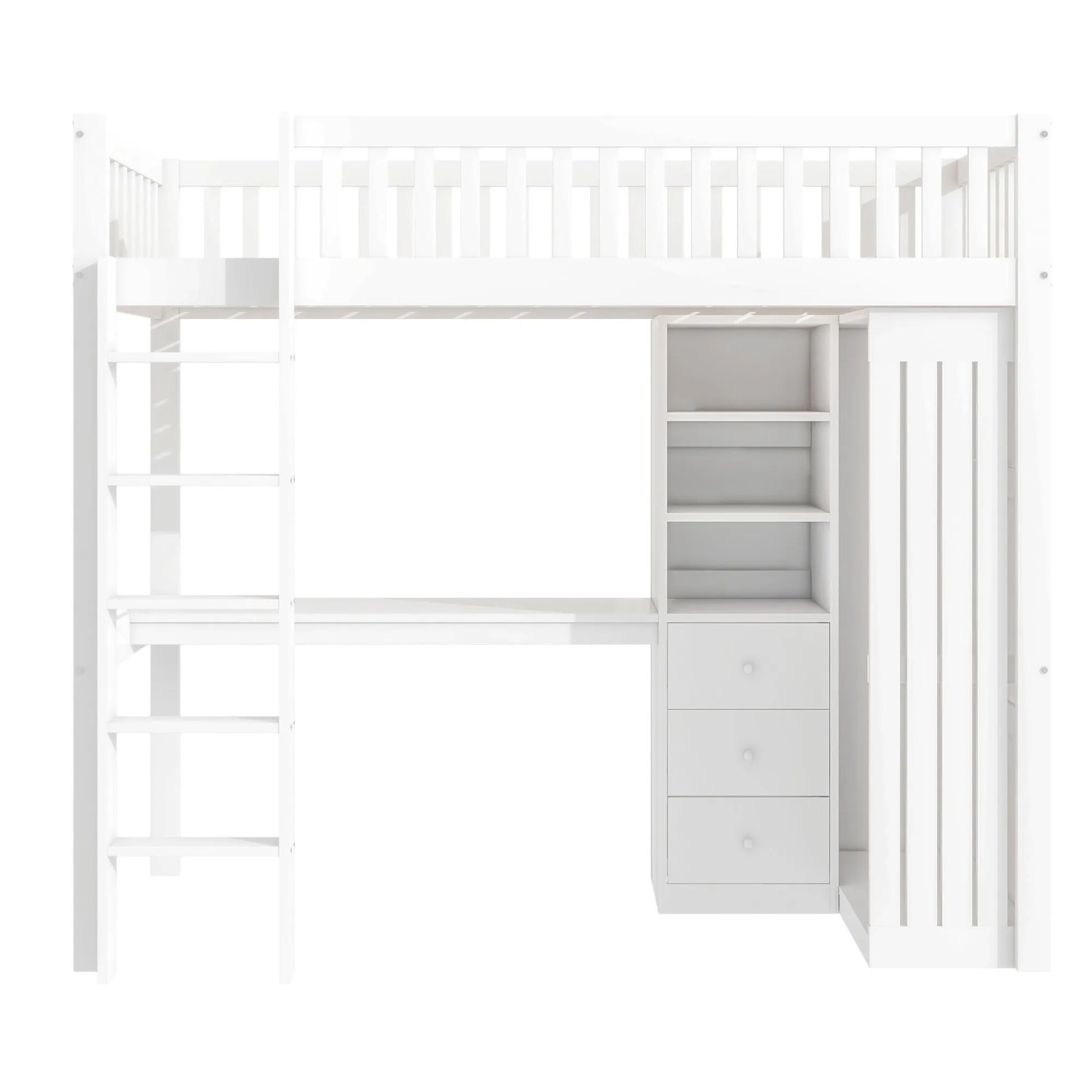 KOMHTOM Hochbett 90x200Cm Mit Schreibtisch Kleiderschrank 3 Schubladen Offener Stauraum Geländer Und Treppe Kiefer Weiß Ohne Matratze