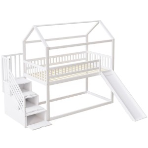 Weißes Kinderhochbett 90x200cm aus Massivholz mit Rutsche und Treppe mit Stauraum. Hausbett-Design.
