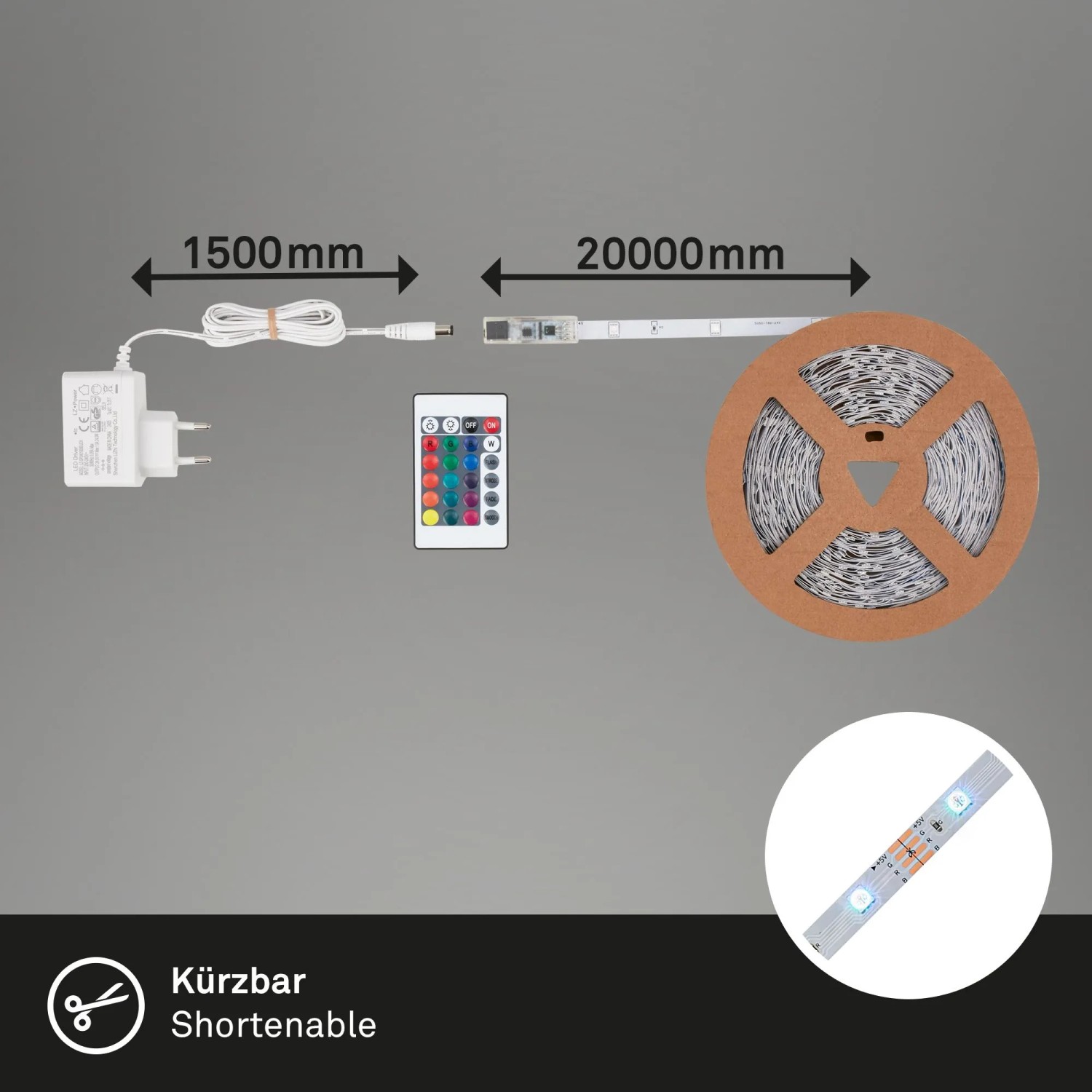 Brilo LED-Strip RGB 20m mit Fernbedienung, Netzteil und aufgerollt. Selbstklebend und kürzbar.