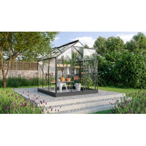 Schwarzes Vitavia Gewächshaus Triton 3800 mit ESG Glas, B 198 cm x T 193 cm, im Garten.