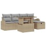 Beiges 6-teiliges Garten-Sofa-Set aus Poly Rattan mit Kissen und Stauraum.