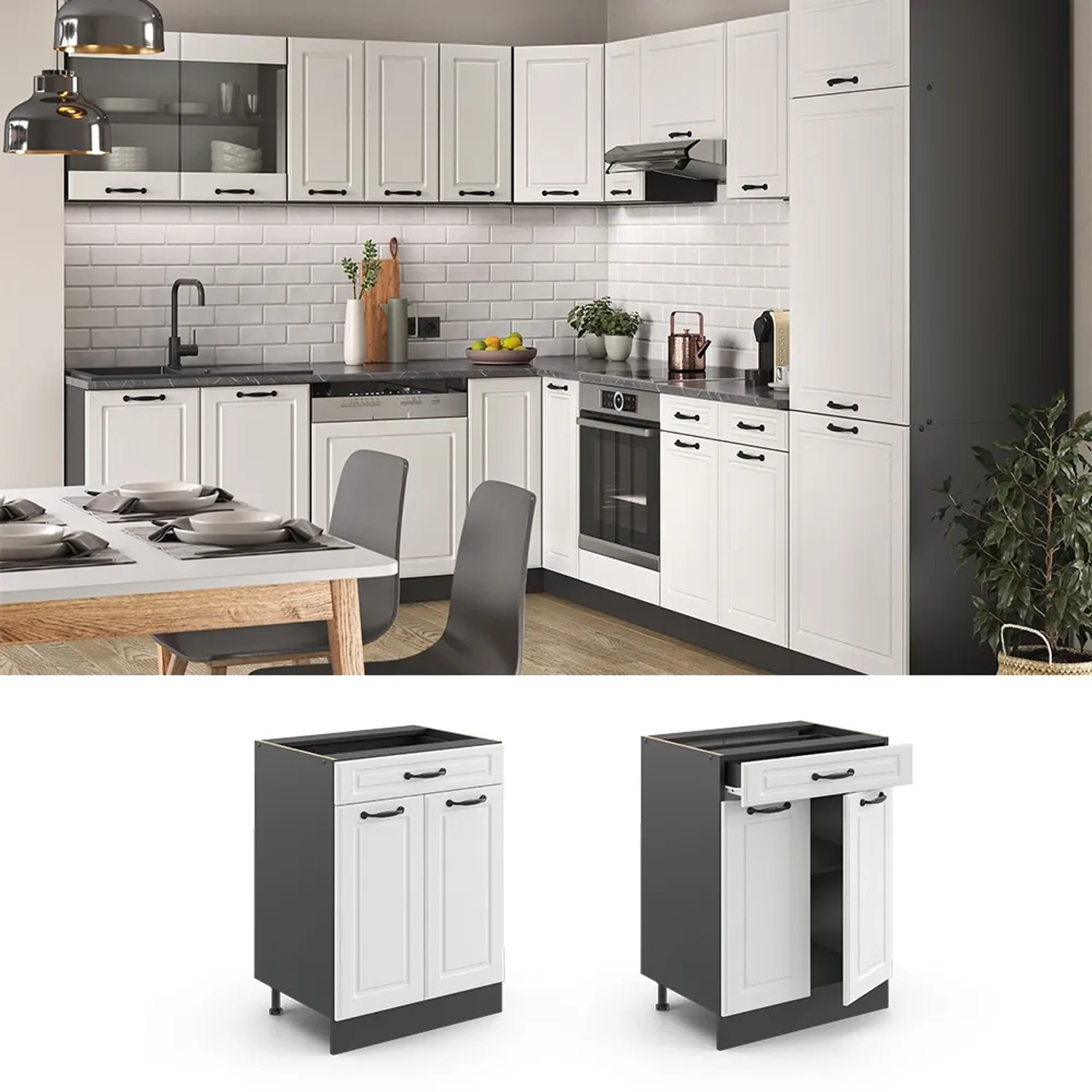 Vicco Küchenunterschrank R-Line, weiß/anthrazit, 80 cm mit Marmor Arbeitsplatte.