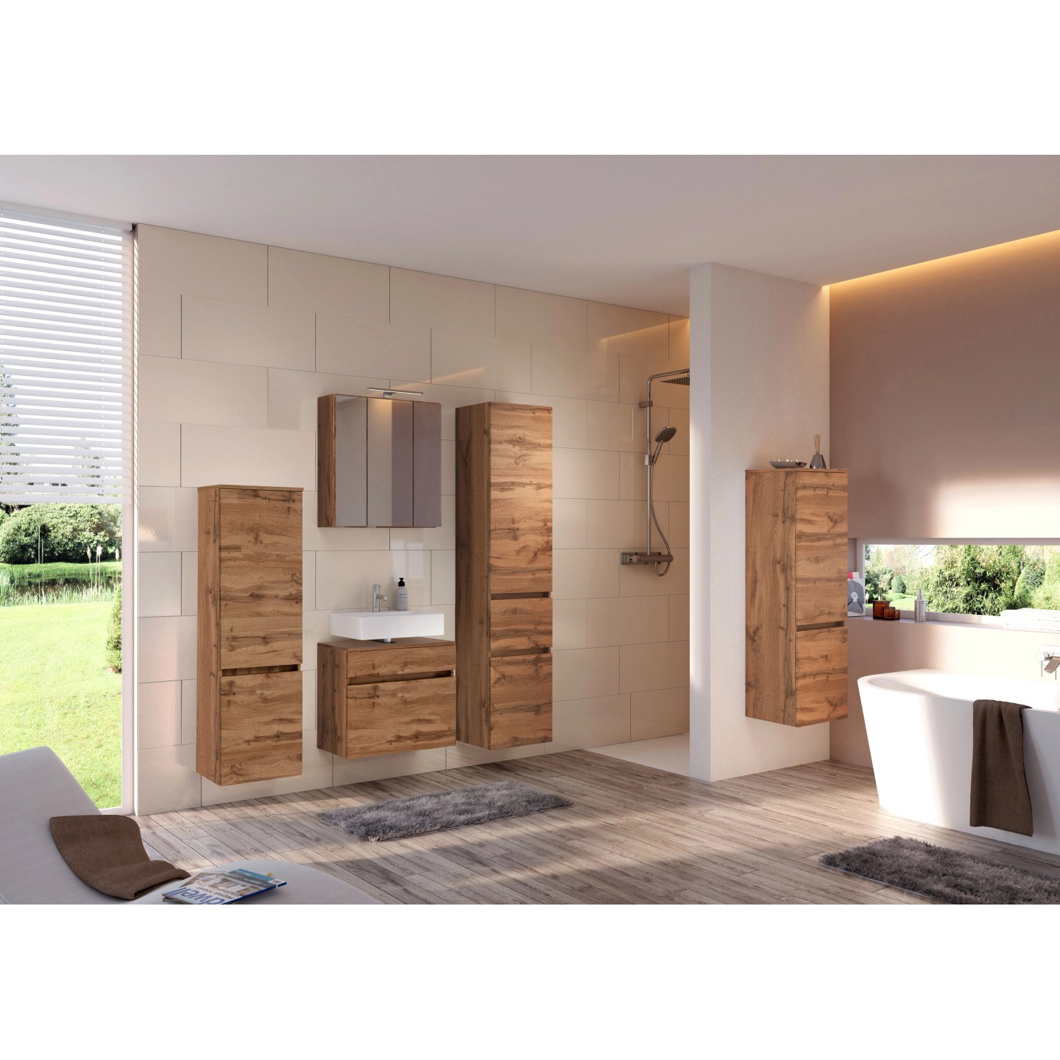 Held Möbel Verona Spiegelschrank 60 cm in Wotaneiche im Badezimmer.