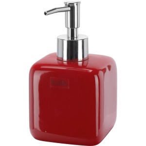 Roter, glänzender baliv Seifenspender aus Keramik mit silbernem Pumpkopf.
