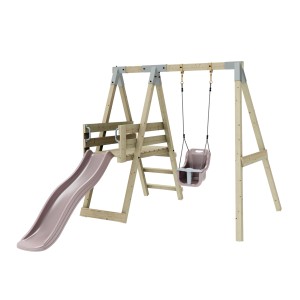 PolarPlay Schaukel Rotfuchs Altrosa mit Rutsche und Babyschaukel für Spiel & Spaß im Garten.