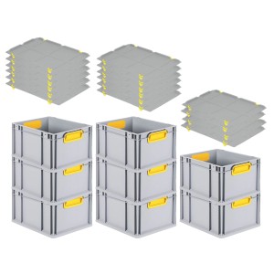 PROREGAL Spar Set: 8 graue Euroboxen mit gelben Griffen und Auflagedeckel, gestapelt.