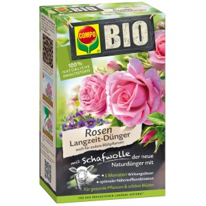 Packung Compo Bio Rosen Langzeit-Dünger mit Schafwolle für gesunde Rosen und Blühpflanzen.