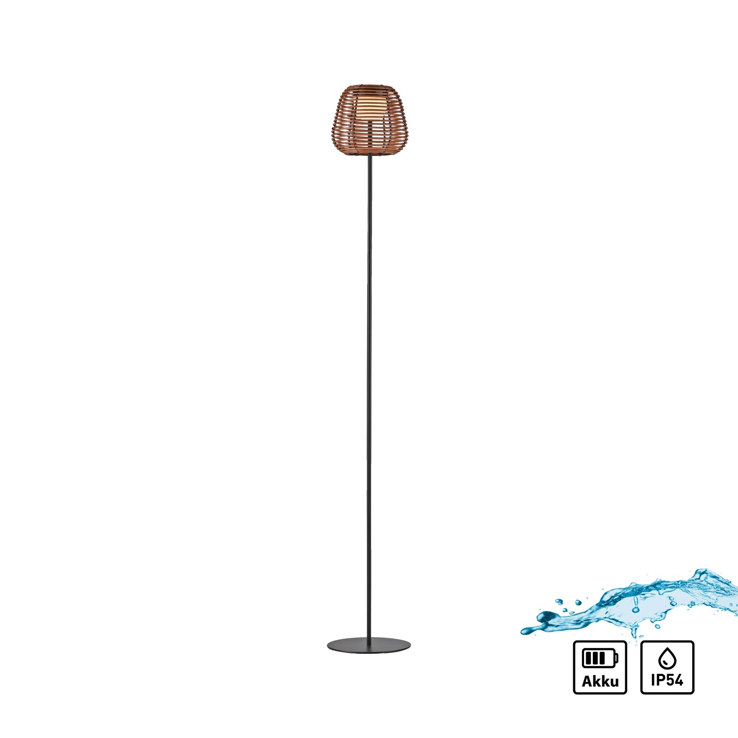 Schwarze LED-Akku-Stehleuchte Askia, 120cm, mit Rattan-Schirm für stimmungsvolle Außenbeleuchtung.