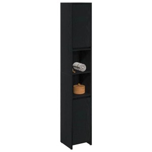 Hoher, schmaler Badezimmerschrank in Schwarz Eichen-Optik mit Regalfächern und zwei Türen.