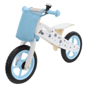 Joyz Kinder Laufrad aus Holz, blau, mit Sternen, Stoffbeutel und pannensicheren Rädern.