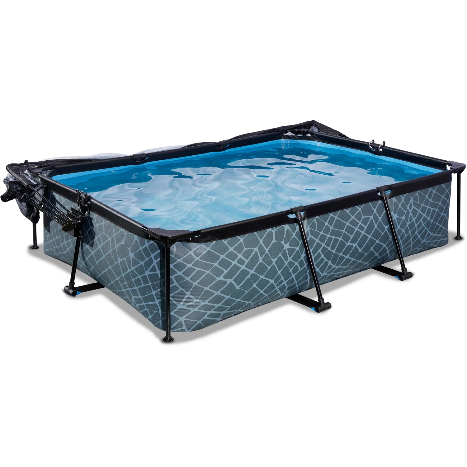 Rechteckiger, grauer EXIT Stone Pool 300x200x65cm mit Filterpumpe und Poolabdeckung.