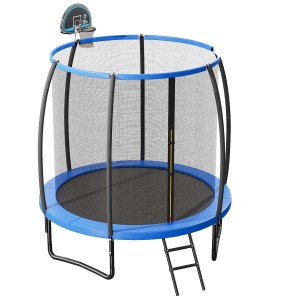 Blau-schwarzes Gartentrampolin Ø244 cm mit Sicherheitsnetz, Basketballkorb und Leiter.