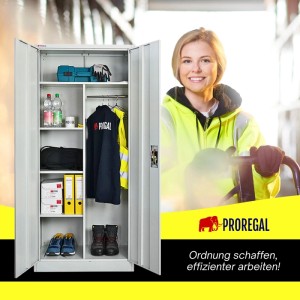 PROREGAL Flügeltürenschrank ELEPHANT Mit 2 Türen Abschließbar HxBxT 180x80x40cm 6 Fächern & Kleiderstange Stahl Pulverbeschichtet Lichtgrau Spind