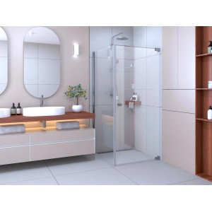 Eckdusche Brava Frame mit Drehtür, Chrom, 80x80x200 cm, im Badezimmer.