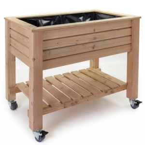 HolzFee Primus Tisch-Pflanzkasten aus Lärche mit Rollen und Ablage. Ideal für Garten und Terrasse.