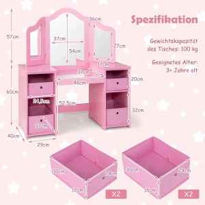 Costway Kinder Schminktisch 2-in-1 rosa mit Spiegel und Aufbewahrungsboxen, Detailansicht mit Maßen.