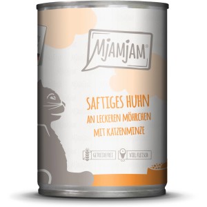 Mjamjam Nassfutter Saftiges Huhn mit Möhrchen, 400g Dose für Katzen.