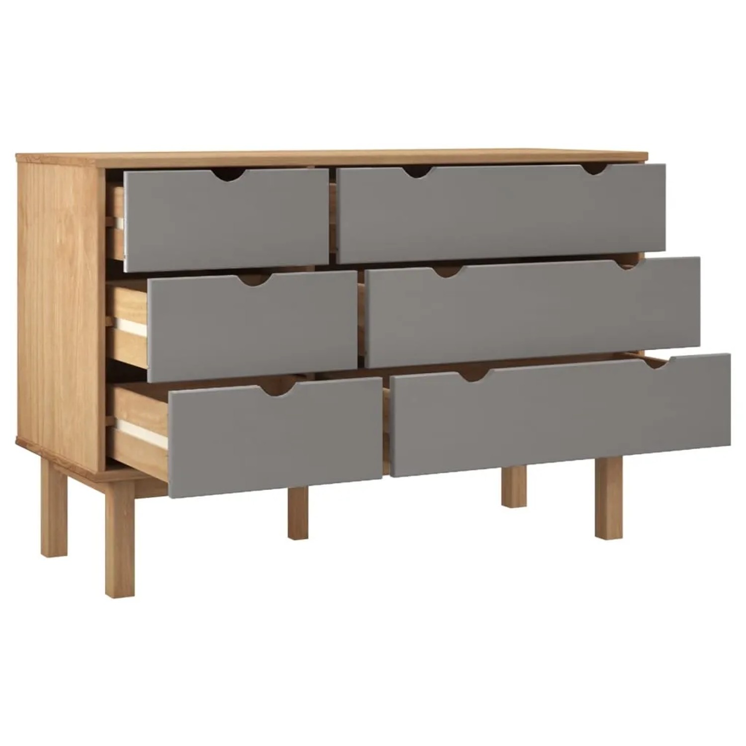 vidaXL Schubladenschrank OTTA, braun-grau, Kiefer massiv, mit 6 Schubladen.