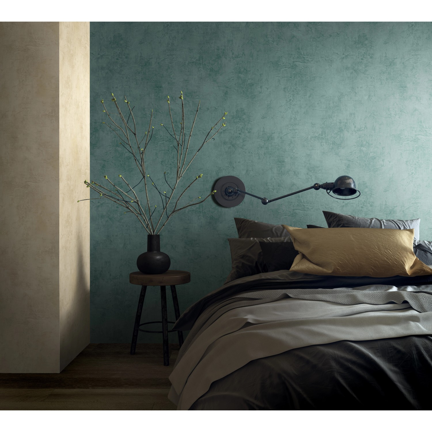 Marburg Vliestapete Struktur Modern Grün im Schlafzimmer mit Bett und Lampe.