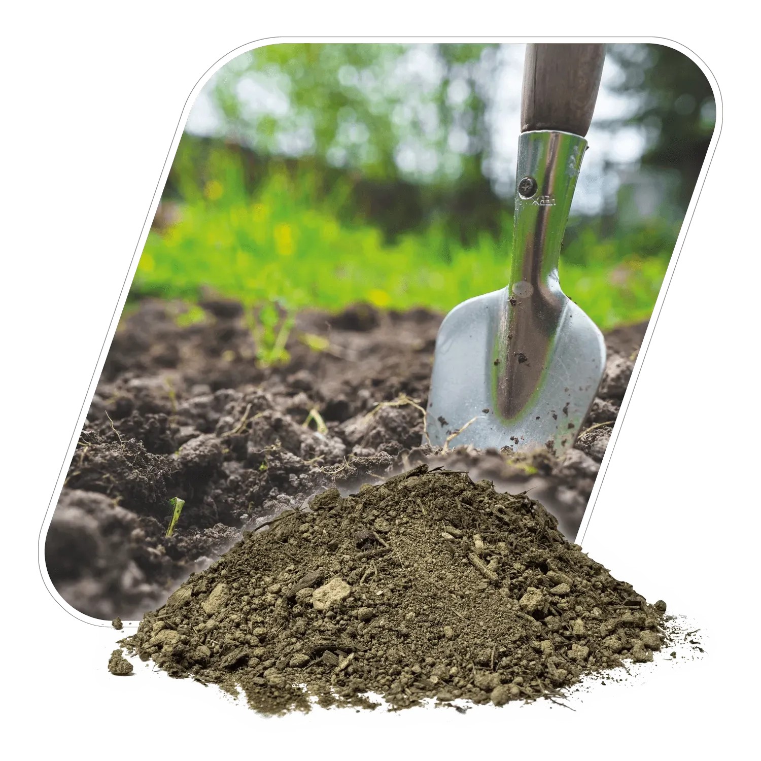 Galamio Bodensubstrat: Kultursubstrat mit Schaufel im Garten, ideal für Beete und Bepflanzung.