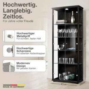 Schwarze K-Möbel Vitrine mit LED-Beleuchtung und Glasböden, 176x67x33 cm.