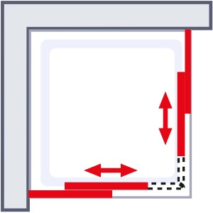 Schemazeichnung Schulte Eckeinstieg Kristall/Trend, 75x90x185cm, Echtglas klar hell, mit roten Pfeilen zur Veranschaulichung.