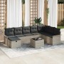 Hellgraues 9-teiliges Garten-Sofa-Set aus Poly Rattan mit Kissen und Tisch.