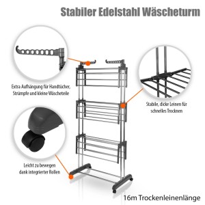 BigDean Wäscheständer Turm 16m Trockenlänge mit 3 Ebenen und 4 Rollen in Grau Wäscheständer Platzsparend für Innen Außen